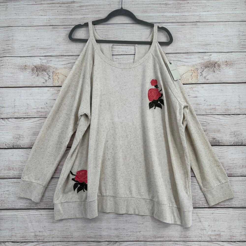 Lucky Brand Floral Embroidered Cold Shoulder Sweatshirt Womens 3X Gray Cream NEW